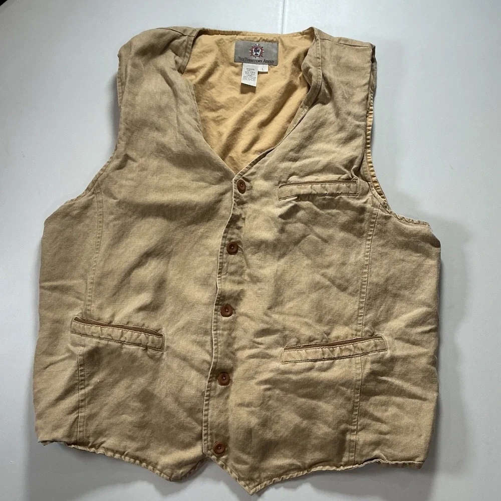 The Territory Ahead Vest Tan Linen Silk Blend Safari Utility Rugged Mens L